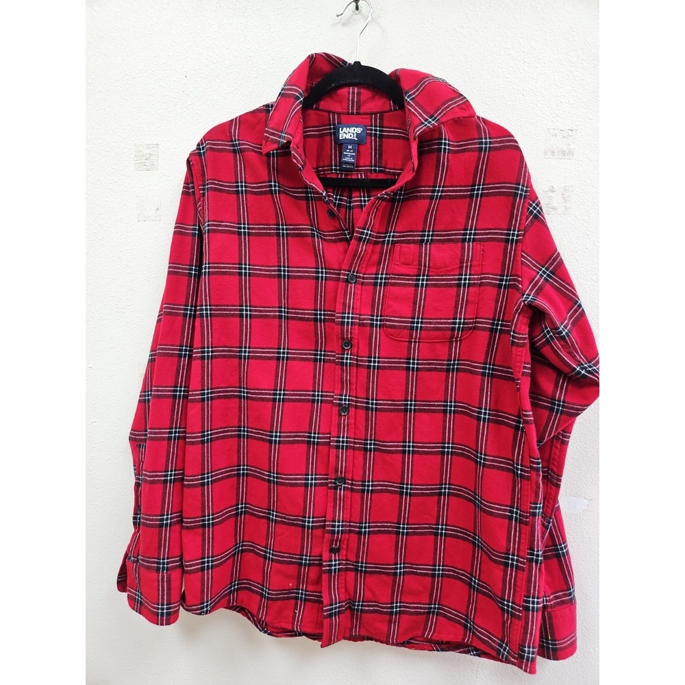 Lands End Cotton Plaid Flannel Shirt Red Mens Size Medium 38 -40 Traditional Fit